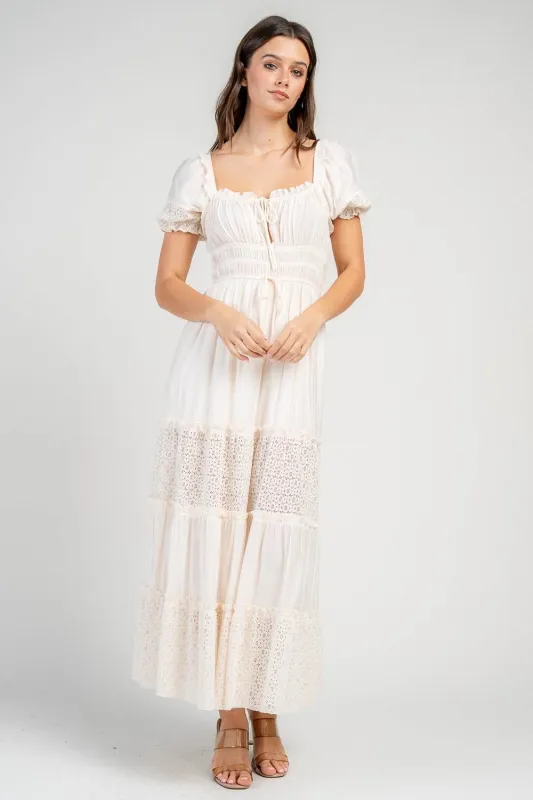 CD30724N / RAYON GAUZE MAXI DRESS W/ SHORT PUFF SLEEVES AND LACE TRIM ACCENTS sold by privy