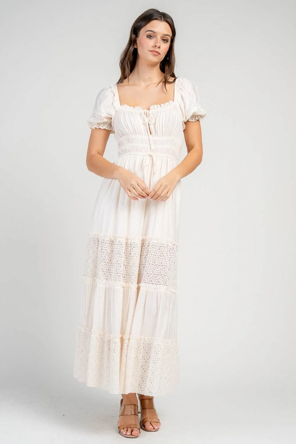 CD30724N / RAYON GAUZE MAXI DRESS W/ SHORT PUFF SLEEVES AND LACE TRIM ACCENTS sold by privy