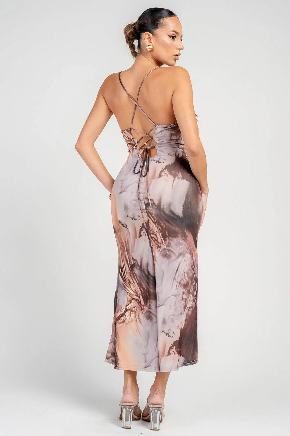 HD30909KST / COWL HALTER BACK LACE DOWN TIE MERMAID MIDI DRESS sold by privy product image thumbnail 3