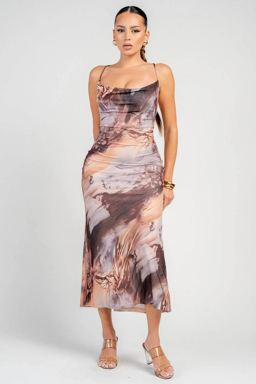 HD30909KST / COWL HALTER BACK LACE DOWN TIE MERMAID MIDI DRESS sold by privy