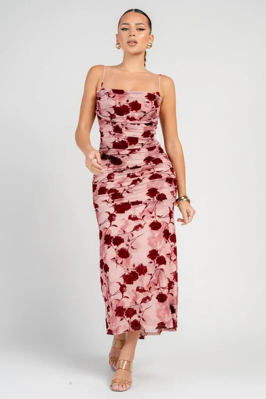 HD30819 / SHEER MESH FLORAL PRINTED MIDI DRESS sold by privy