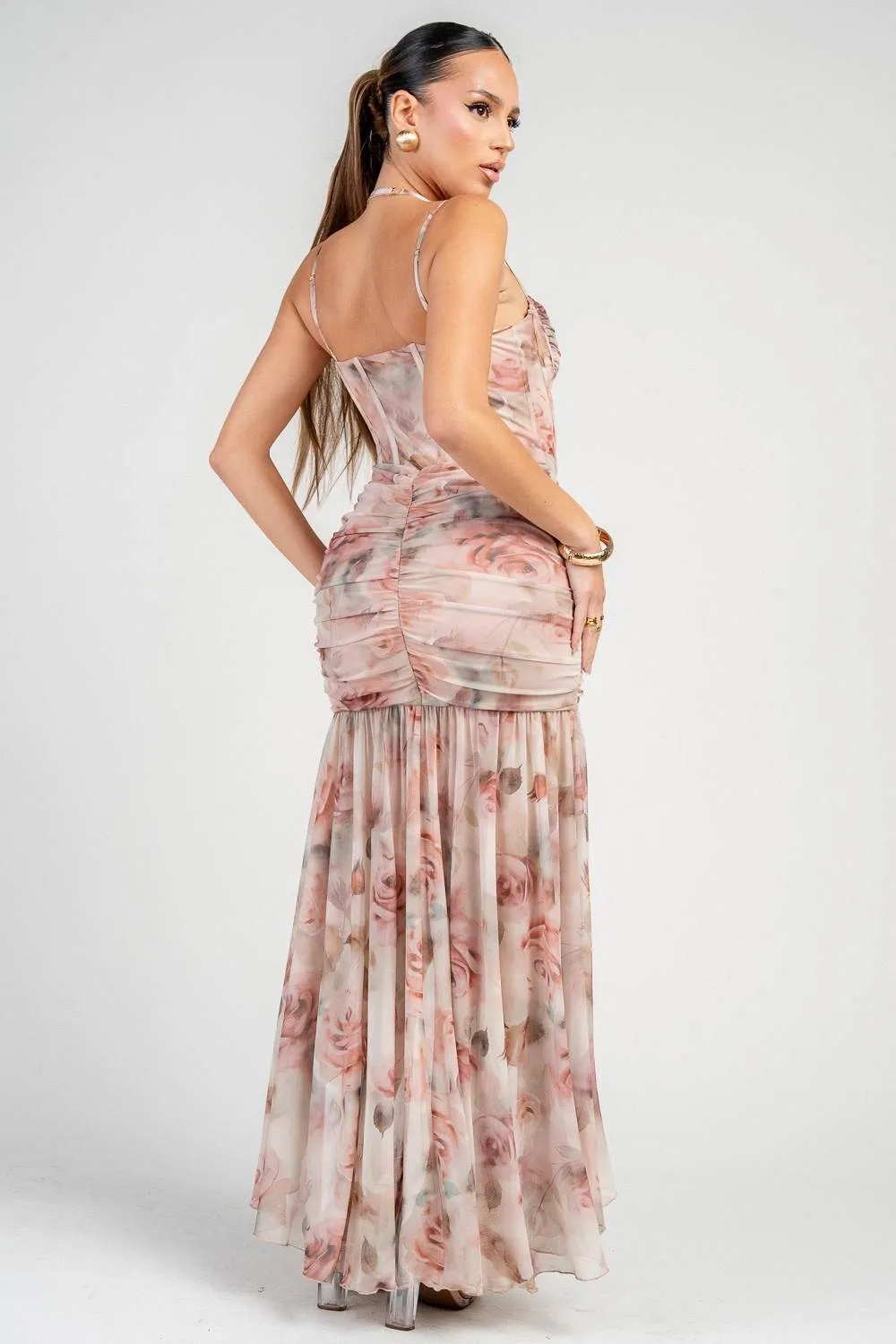 HD30729SST / RUCHED ASYMMETRIC CORSET GOWN IN FLORAL MESH PRINT sold by privy product image thumbnail 3