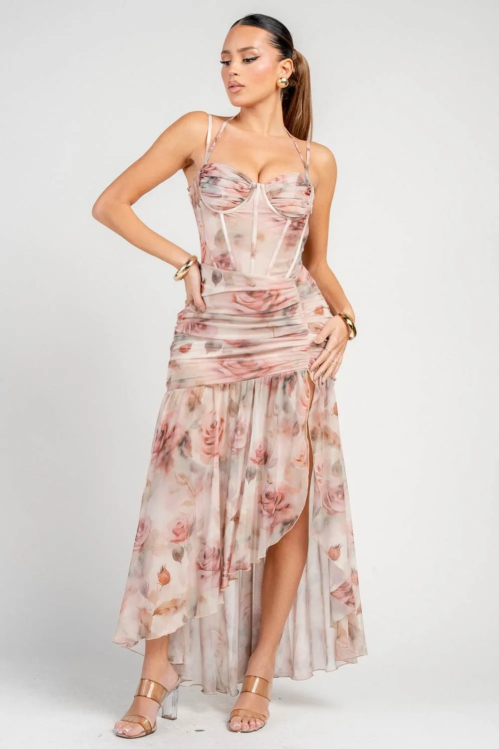 HD30729SST / RUCHED ASYMMETRIC CORSET GOWN IN FLORAL MESH PRINT sold by privy product image thumbnail 4