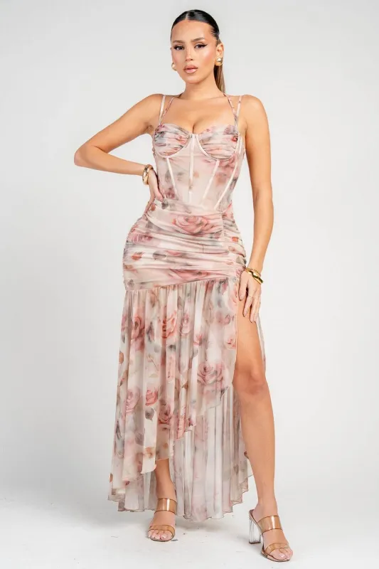 HD30729SST / RUCHED ASYMMETRIC CORSET GOWN IN FLORAL MESH PRINT made by privy