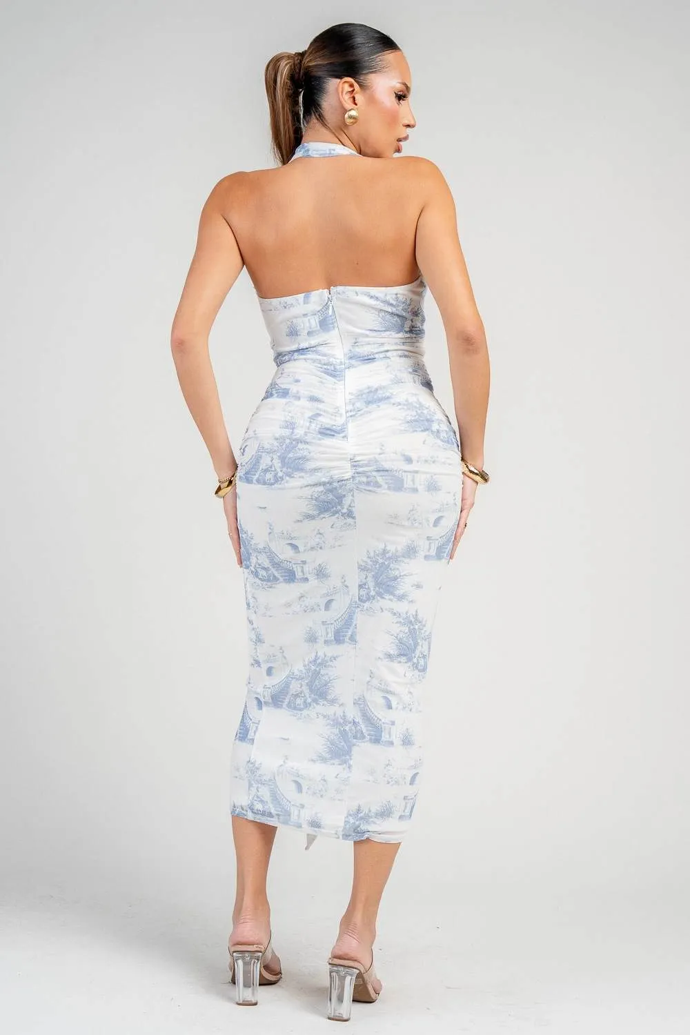 HD30975NST / DEEP PLUNGE HALTER NECK RUCHED A-LINE MIDI DRESS sold by privy product image thumbnail 3