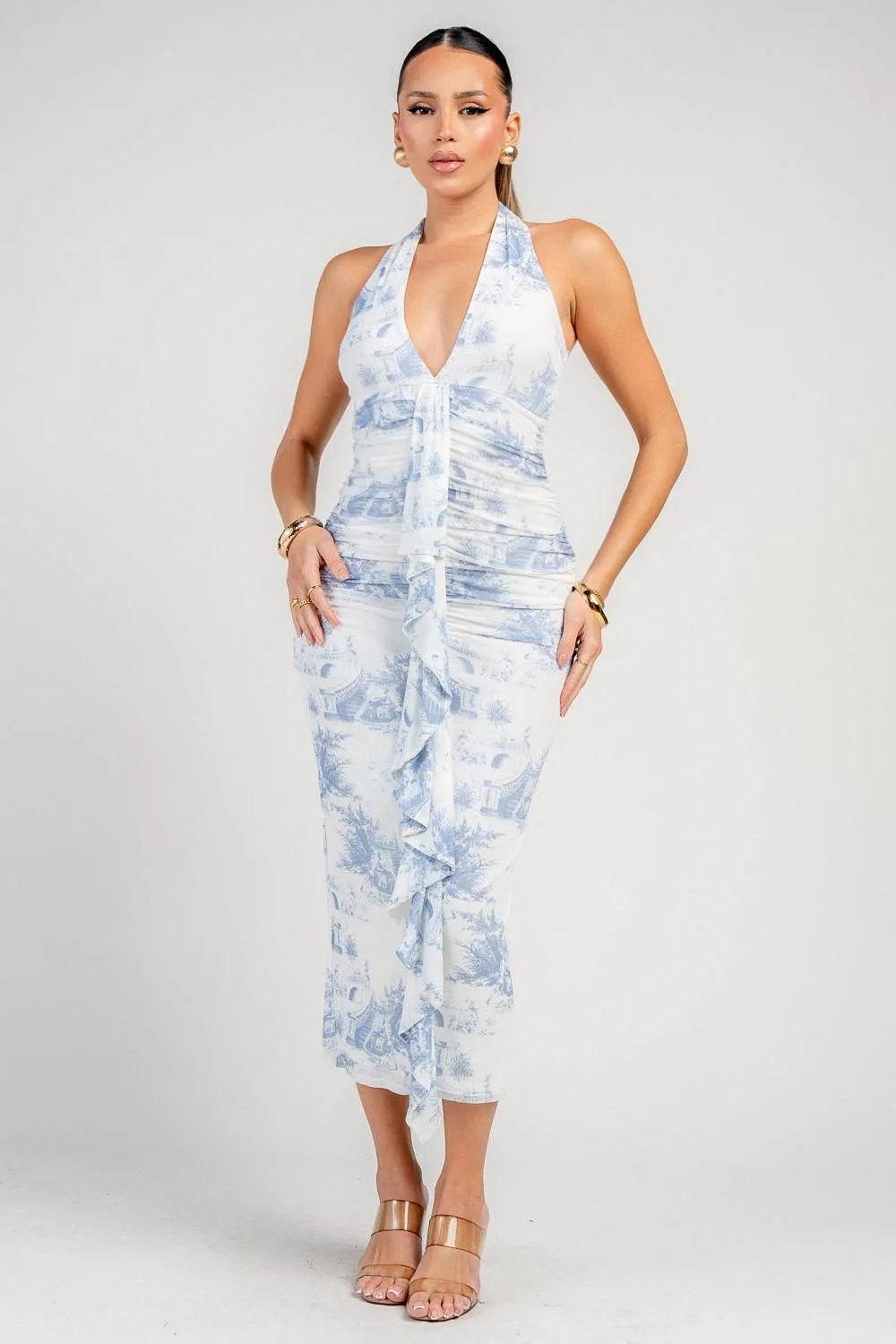 HD30975NST / DEEP PLUNGE HALTER NECK RUCHED A-LINE MIDI DRESS sold by privy product image thumbnail 4