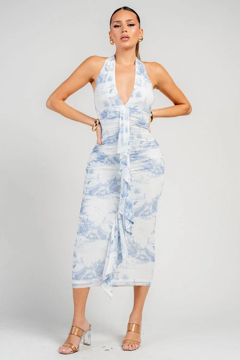 HD30975NST / DEEP PLUNGE HALTER NECK RUCHED A-LINE MIDI DRESS sold by privy