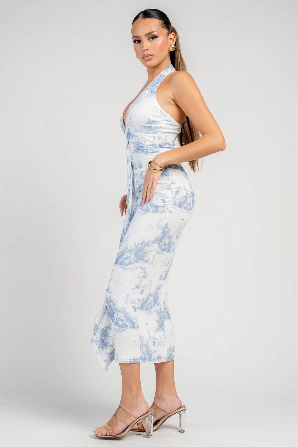 HD30975NST / DEEP PLUNGE HALTER NECK RUCHED A-LINE MIDI DRESS sold by privy product image thumbnail 2