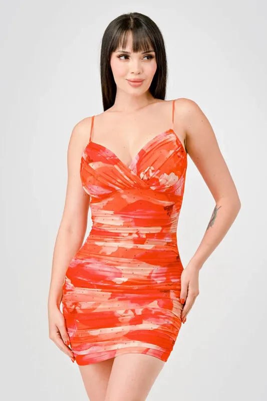 SEXY RHINESTONES ABSTRACT PRINT RUCHED MINI DRESS sold by privy