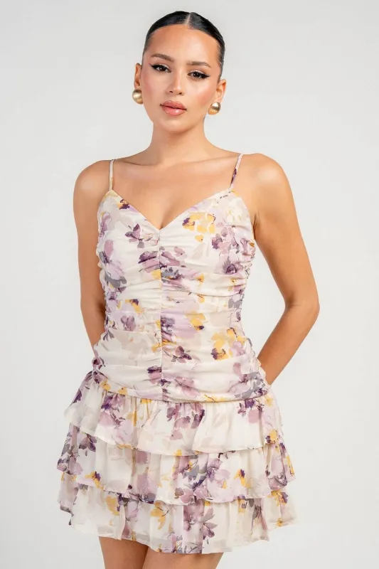 RUCHED RUFFLE TIER FLORAL PRINT MINI DRESS sold by privy