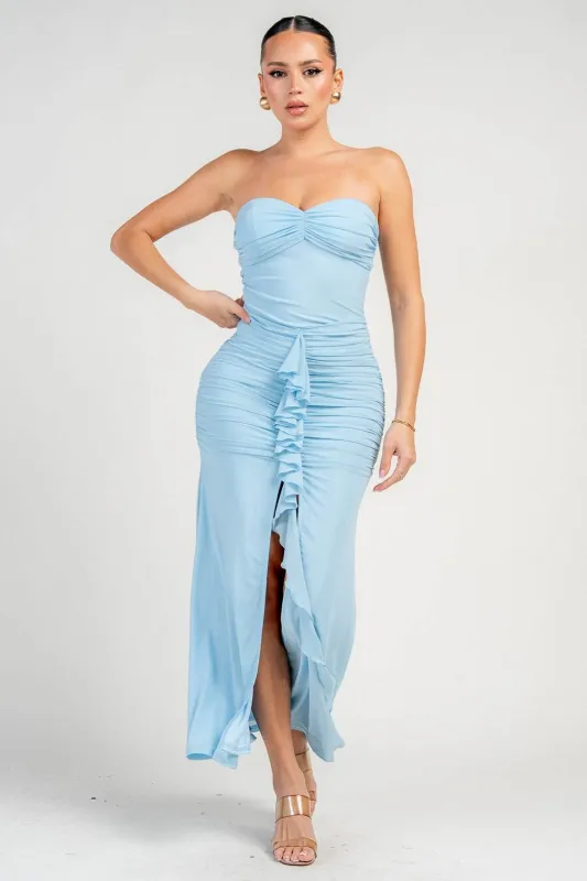 PD79489S / STRAPLESS RUCHED MIDI DRESS sold by privy