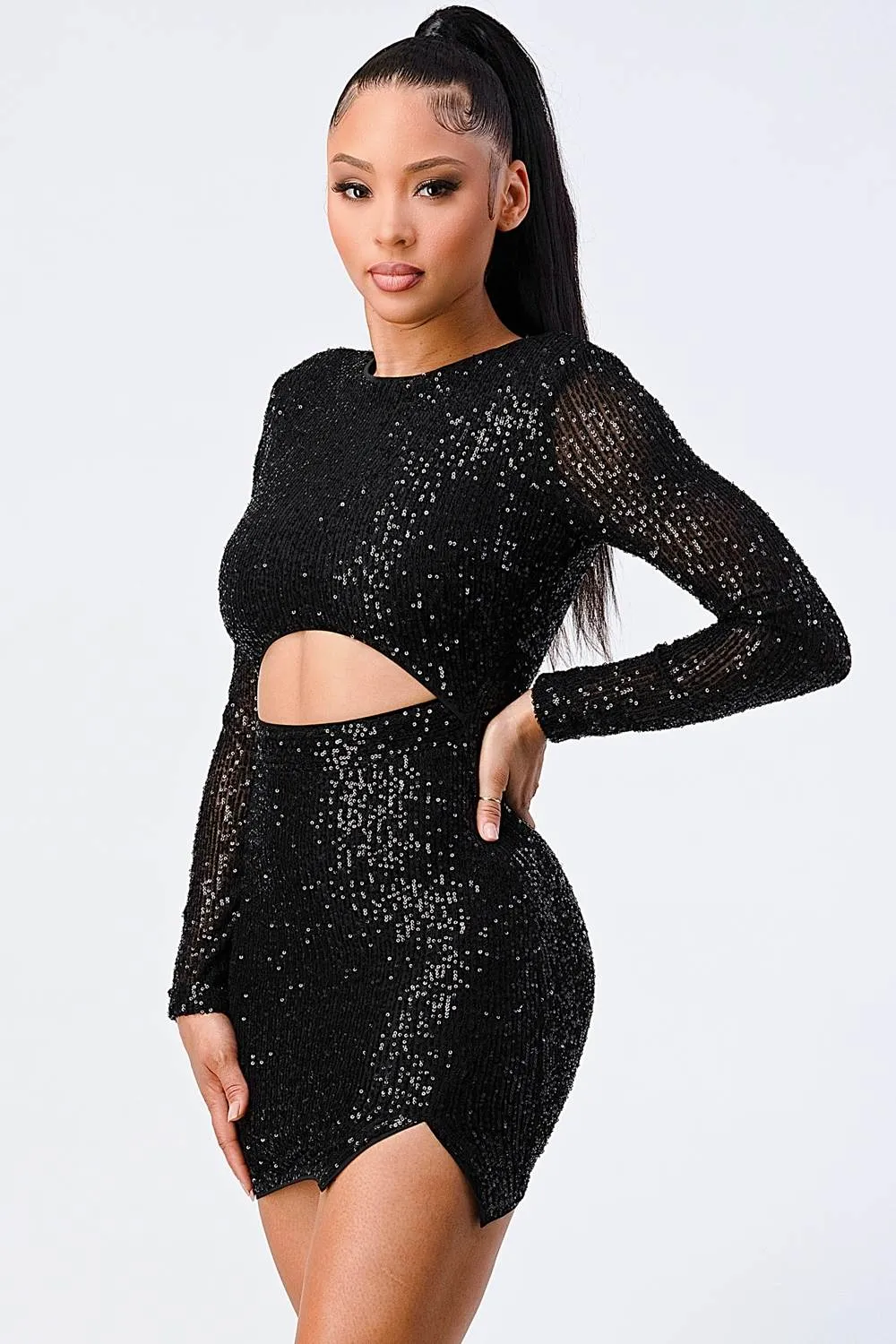 PD71512B / SHINY SEQUINS CUTOUT WAIST SLIT BODYCON MINI DRESS sold by privy product image thumbnail 2