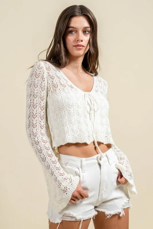 BT3323C;IVORY / CROCHET OPEN KNIT POINTELLE CROP CARDIGAN WITH FRONT TIE sold by privy