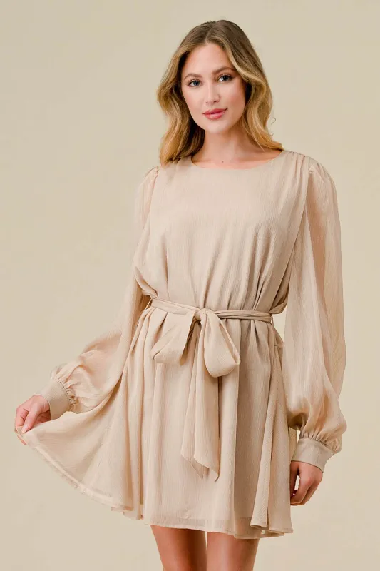 BD10827K / ELEGANCE LUREX CHIFFON WAIST TIE LONG SLEEVE DRESS sold by privy