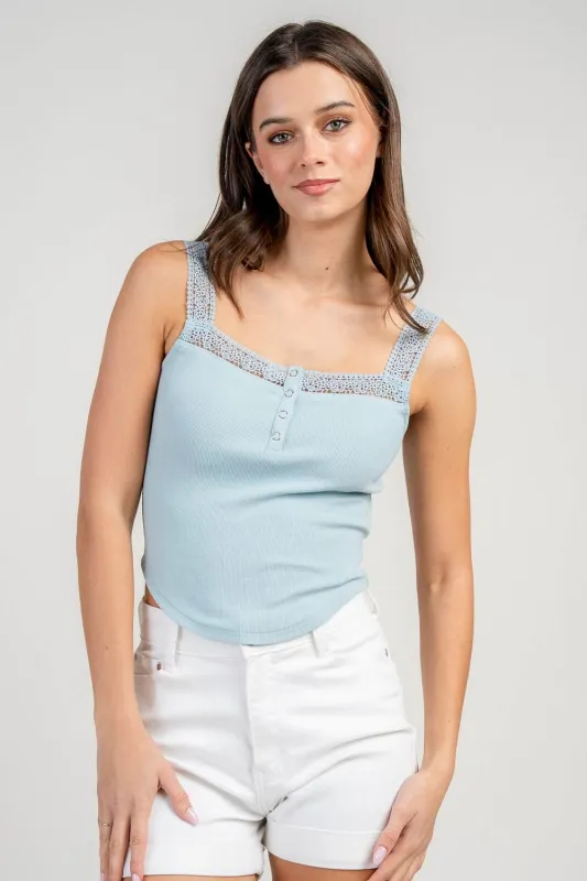 BT3369K / LACE TRIM RIB TANK W/ HENLEY FRONT made by privy