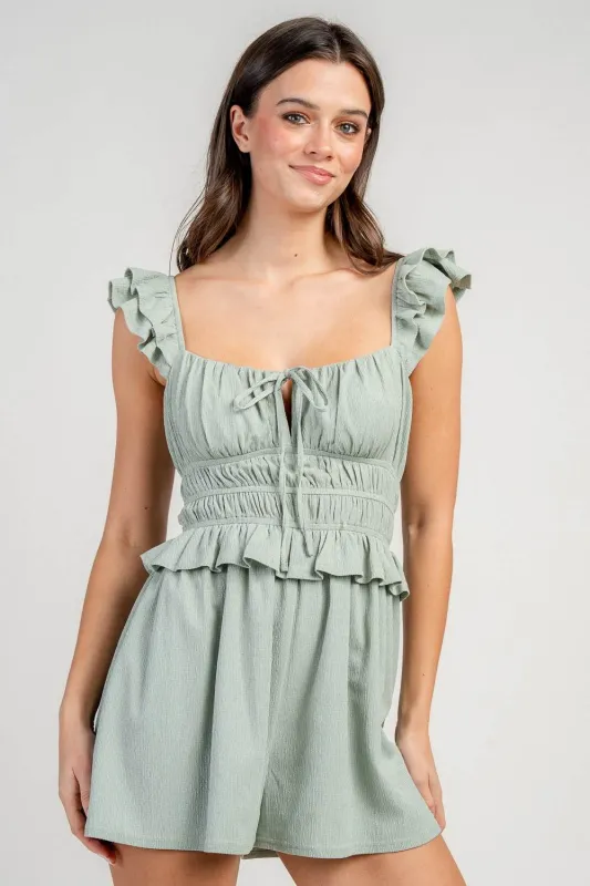 BJ7343S / ELASTIC RUCHED ROMPER W/ RUFFLE SHOULDER sold by privy