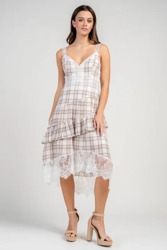 CD30309E / COTTON PLAID ASYMMETRIC HEMMED LACE TRIM MIDI DRESS made by privy