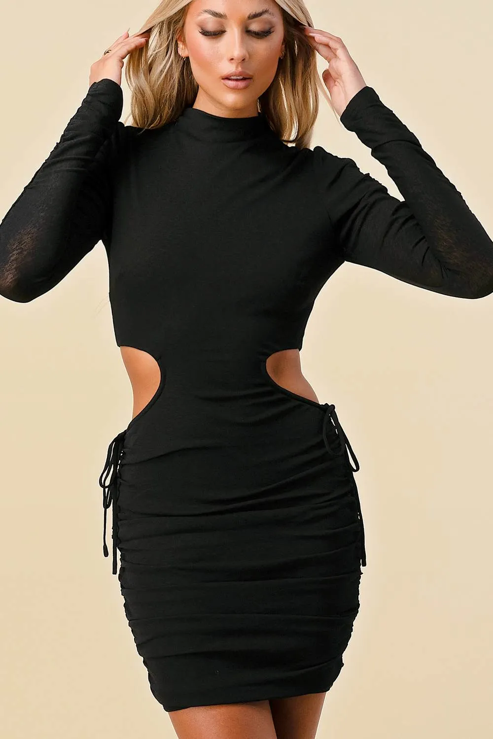 BD10048E / CHIC SIDE CUTOUT RUCHED BODYCON DRESS sold by privy