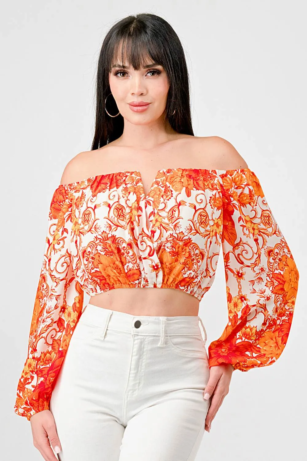 BOHO PRINT WOOLDOBBY OFF SHOULDER CROPPED TOP sold by privy