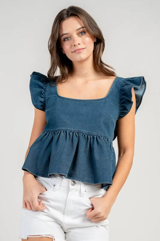 BT3445S / DENIM PEPLUM TOP W/ RUFFLE SHOULDER sold by privy