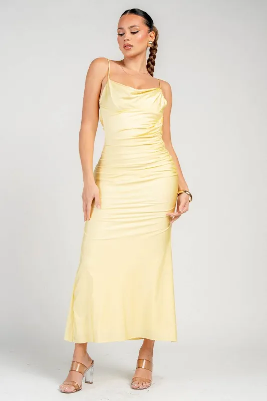 HD30721B / BACK COWL NECK MERMAID MIDI DRESS sold by privy