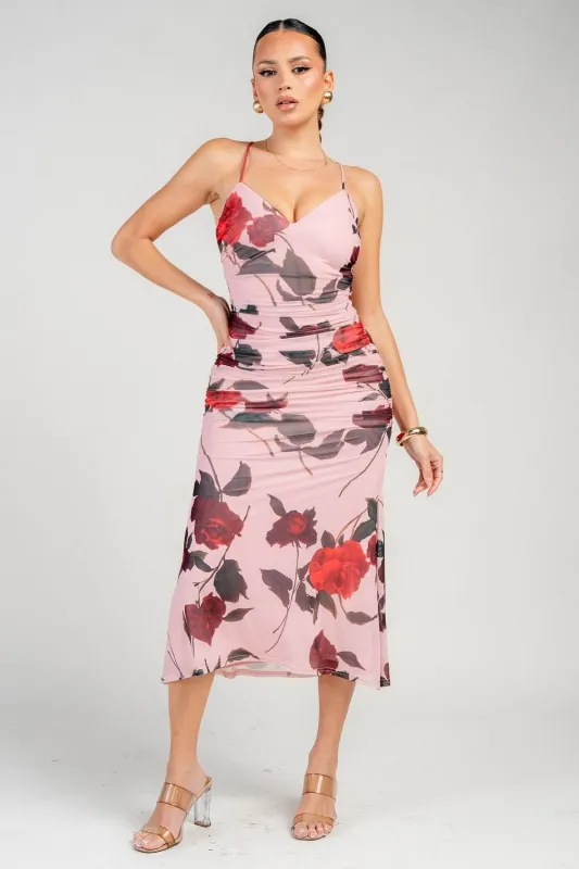 HD30891KST / MESH PRINT MIDI DRESS W/ A LACE DOWN TIE sold by privy