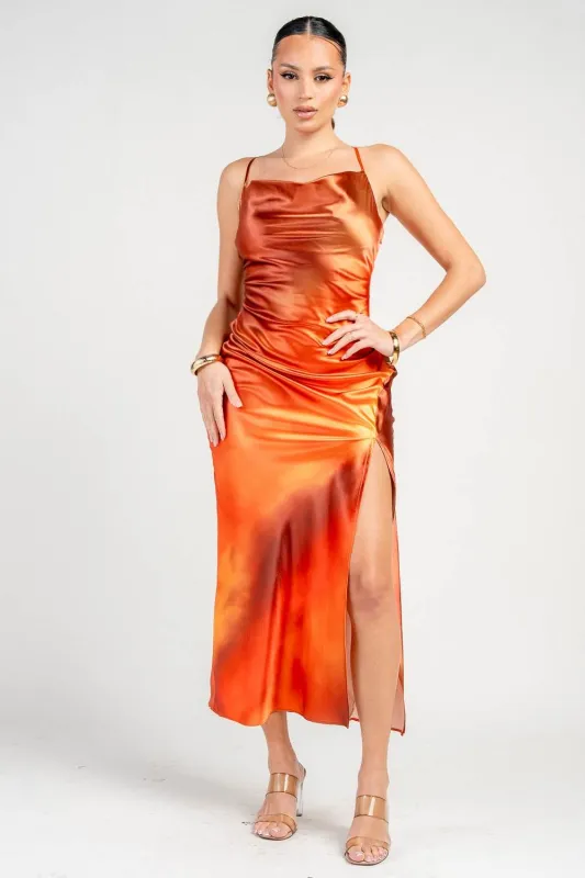 PD79290EST / COWL NECK BACK LACE UP FRONT SLIT MAXI DRESS made by privy