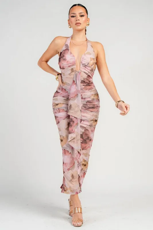 PD79409S / HALTER NK WIRE INSET SASH FRONT RUCHING BACK SLIT MAXI sold by privy