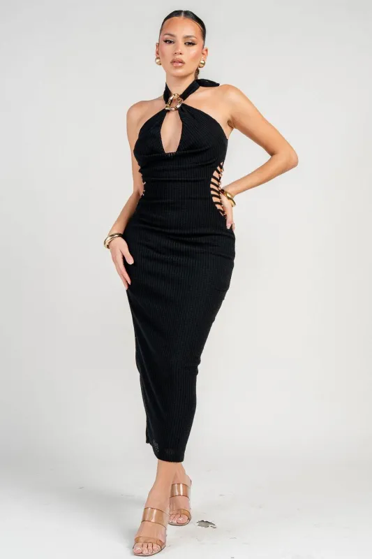 PD79525N / PATTERN KNIT W/ TRIM COWL NECK & SIDE SPGT RING DETAIL MIDI DRESS sold by privy