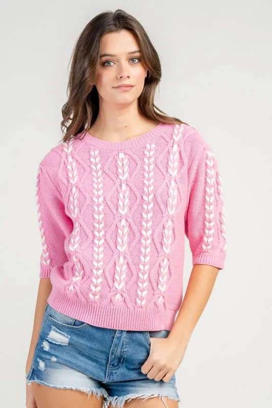 CT10710Y / STITCH MOTIF CABELED HALF SLEEVE  SCOOP NECK SWEATER sold by privy