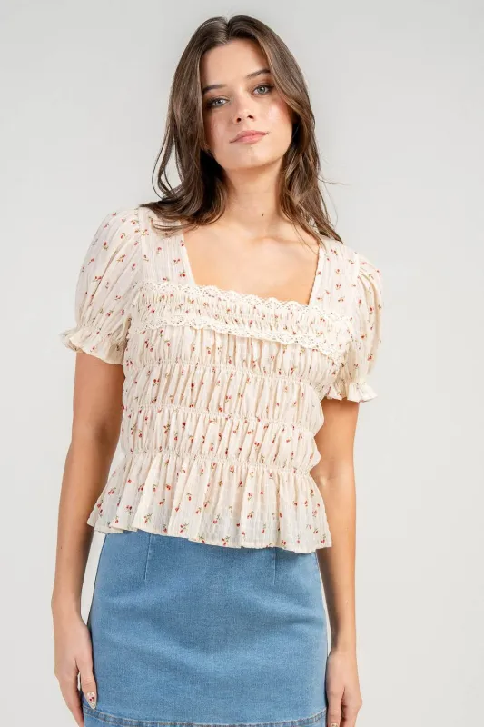 CT10745K / TEXTURED CHIFFON SMOCKED DETAILED S/S BLOUSE sold by privy