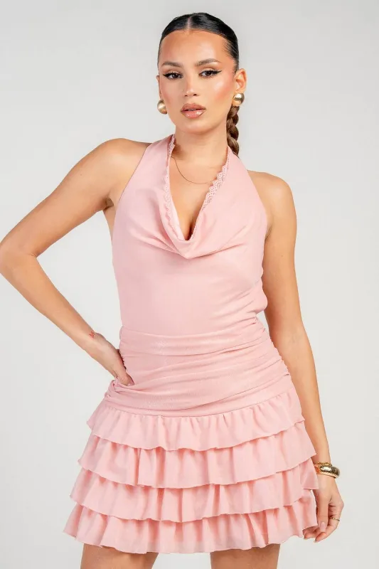 PD79478B / HALTER NECK RUFFLED MESH MINI DRESS sold by privy