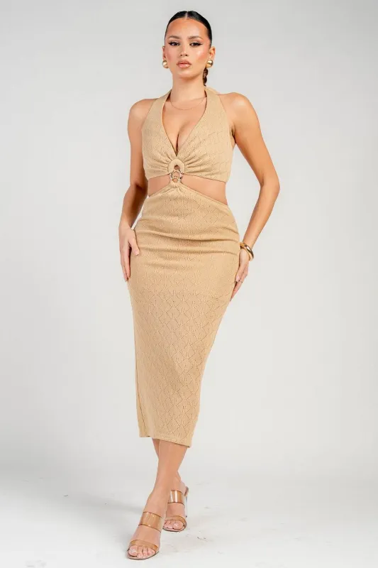 HD30858E / HALTER CUT-OUT MIDI TEXTURED KNIT DRESS sold by privy