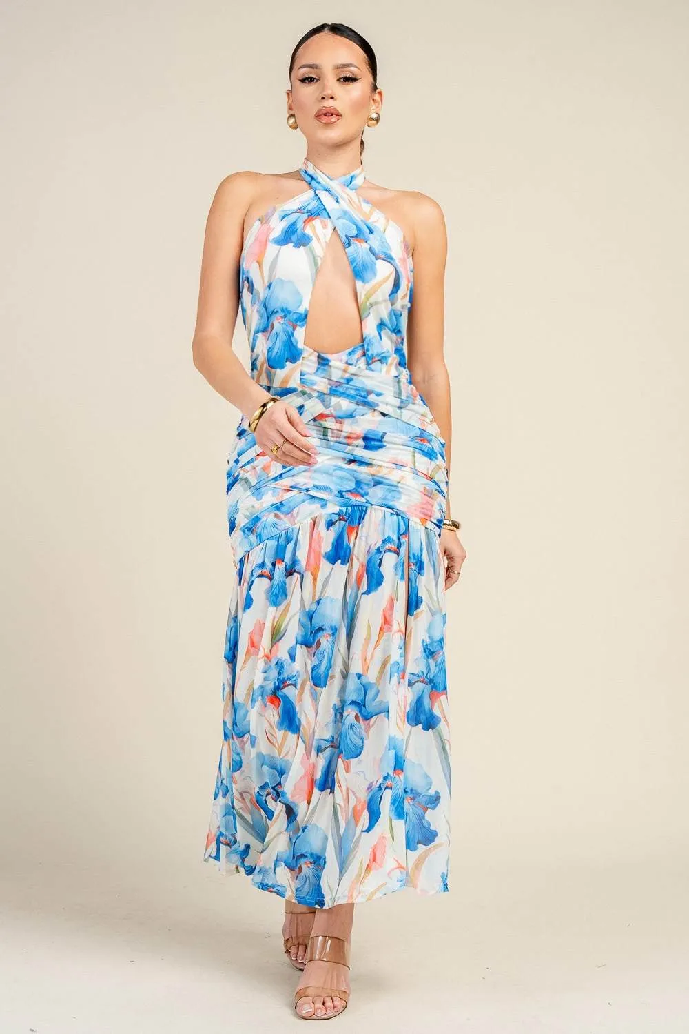 PD79519B / FLORAL PRINTED MESH HALTER CUT-OUT MAXI DRESS sold by privy product image thumbnail 4