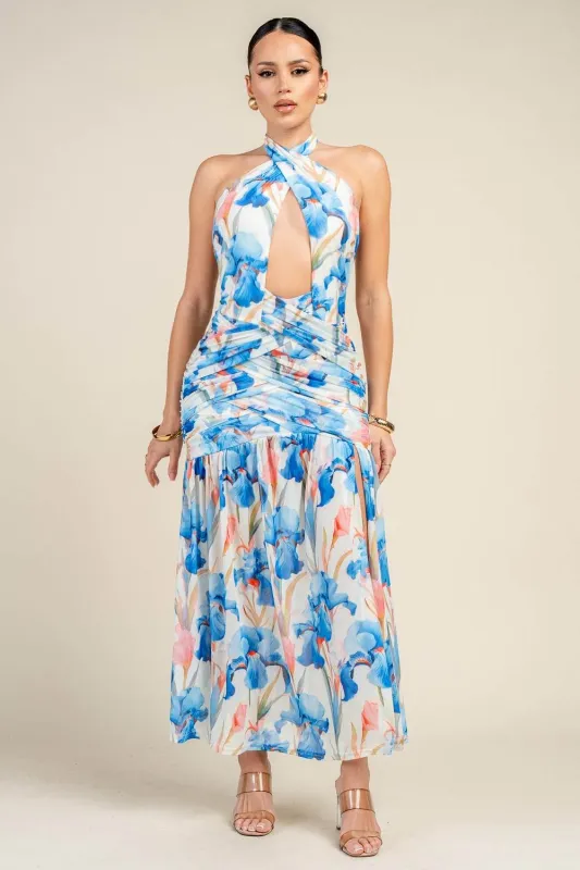 PD79519B / FLORAL PRINTED MESH HALTER CUT-OUT MAXI DRESS sold by privy