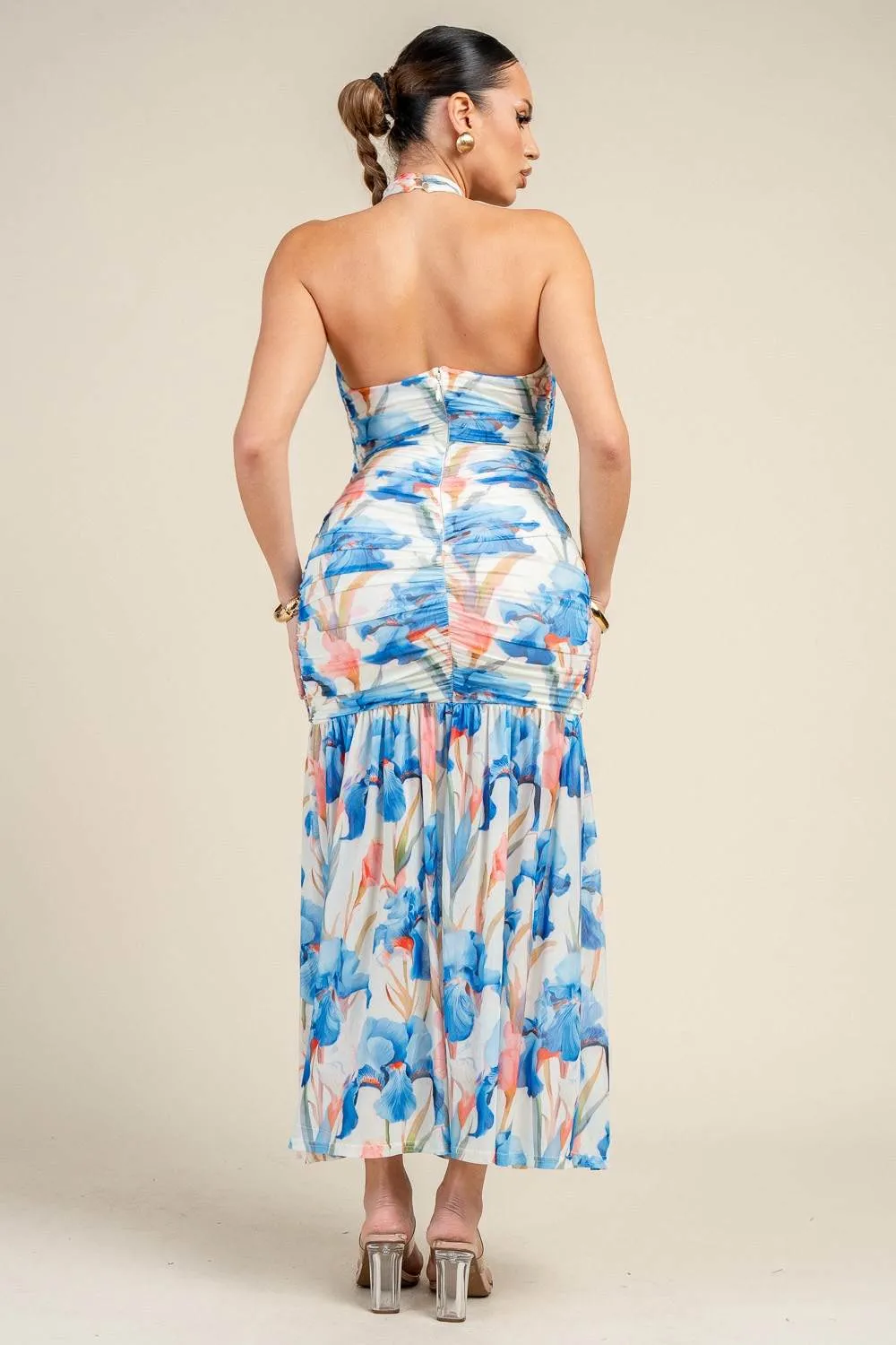 PD79519B / FLORAL PRINTED MESH HALTER CUT-OUT MAXI DRESS sold by privy product image thumbnail 3