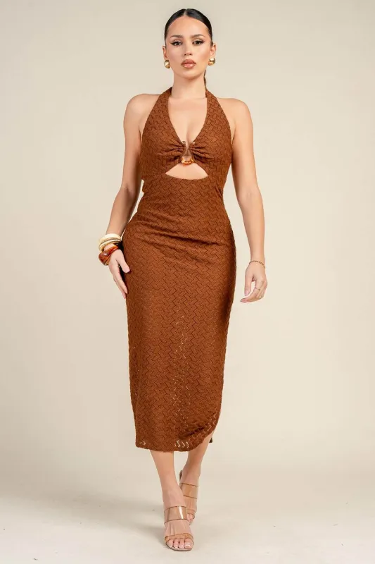 HD30958E / TEXTURED HALTER RING DETAIL CUT-OUT MIDI DRESS sold by privy