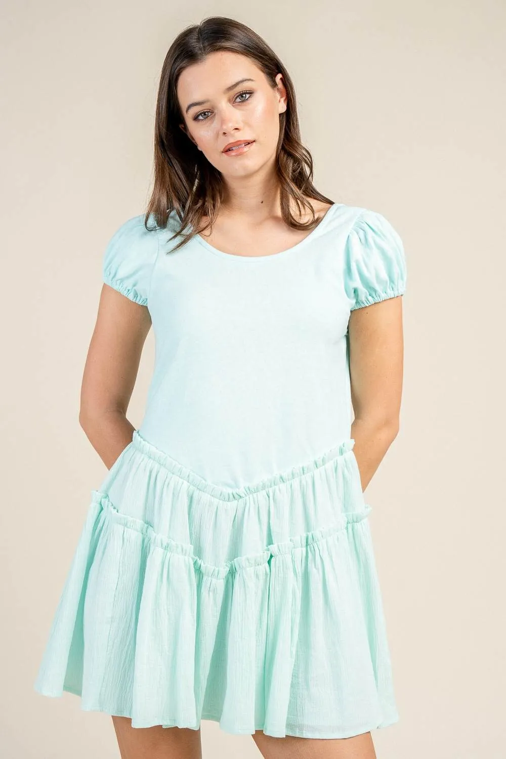 CD30848Y / MIX MEDIA PUFF SLEEVE TIERED MINI DRESS sold by privy product image thumbnail 4