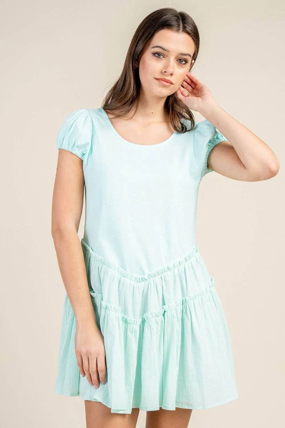 CD30848Y / MIX MEDIA PUFF SLEEVE TIERED MINI DRESS sold by privy