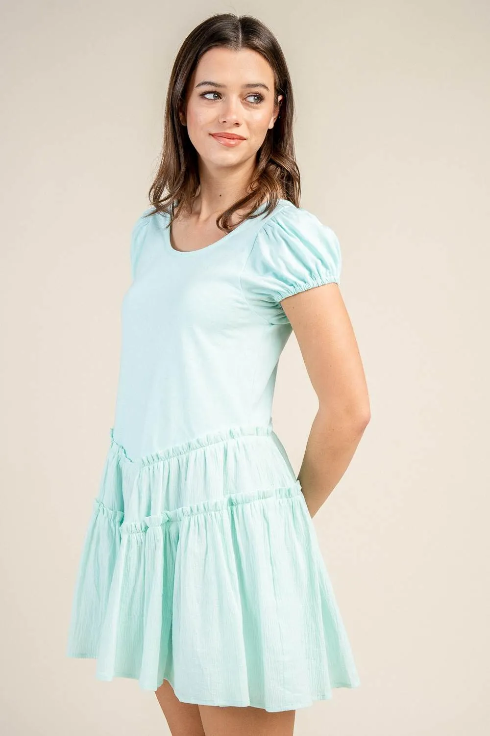 CD30848Y / MIX MEDIA PUFF SLEEVE TIERED MINI DRESS sold by privy product image thumbnail 2