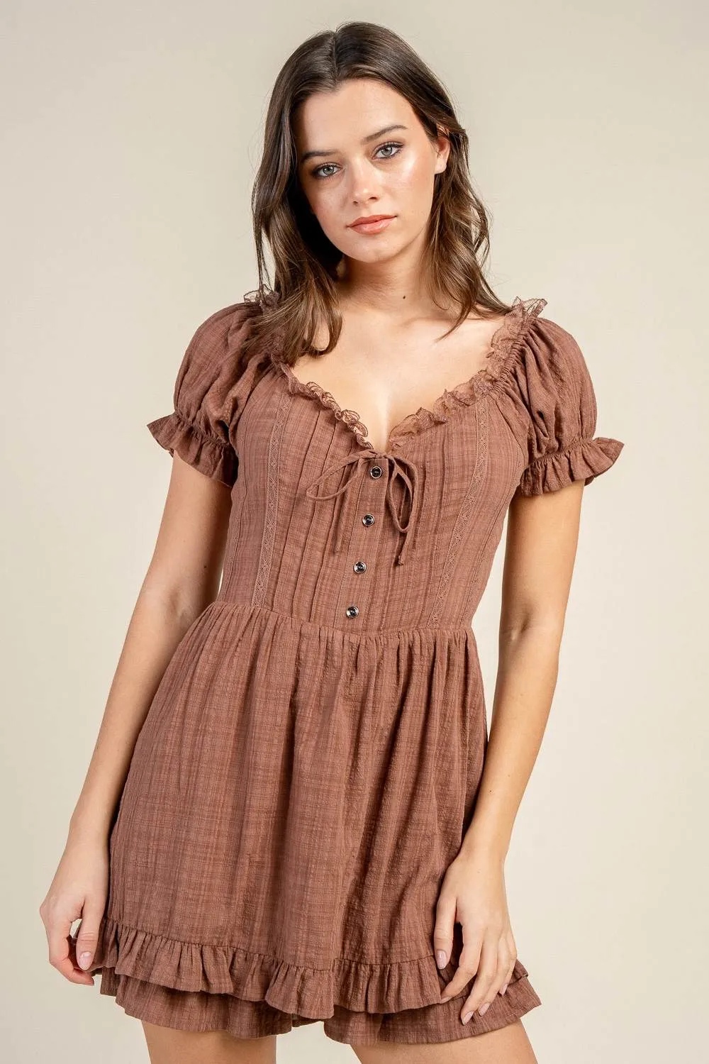 CJ40021Y / BUTTON FRONT TIE NECK RUFFLED ROMPER sold by privy product image thumbnail 4