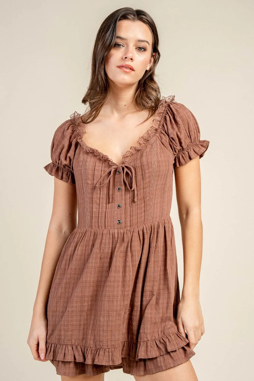 CJ40021Y / BUTTON FRONT TIE NECK RUFFLED ROMPER sold by privy