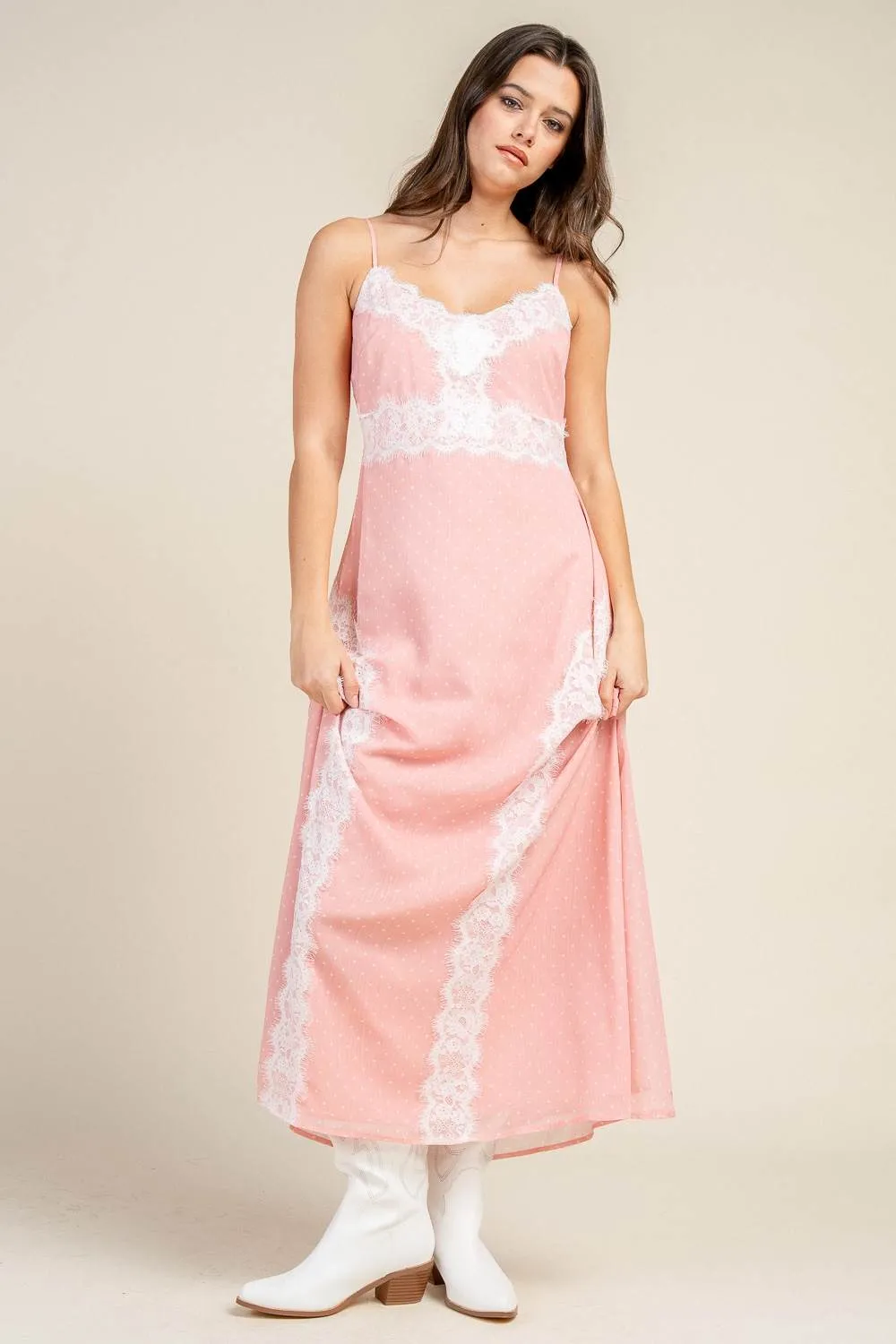 CD30830S / CHIFFON V-NECK LACE PANEL MAXI DRESS sold by privy product image thumbnail 4
