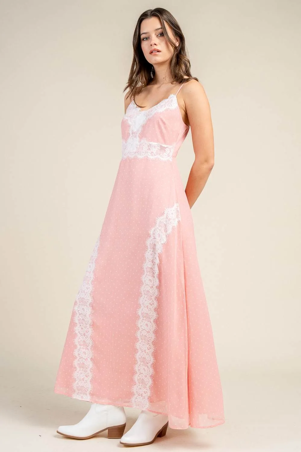CD30830S / CHIFFON V-NECK LACE PANEL MAXI DRESS sold by privy product image thumbnail 2