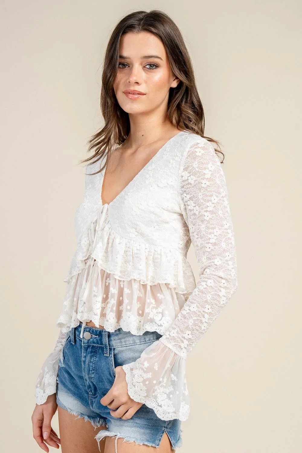 CT10608S / SHEER LACE TIE FRONT RUFFLED BLOUSE sold by privy product image thumbnail 2