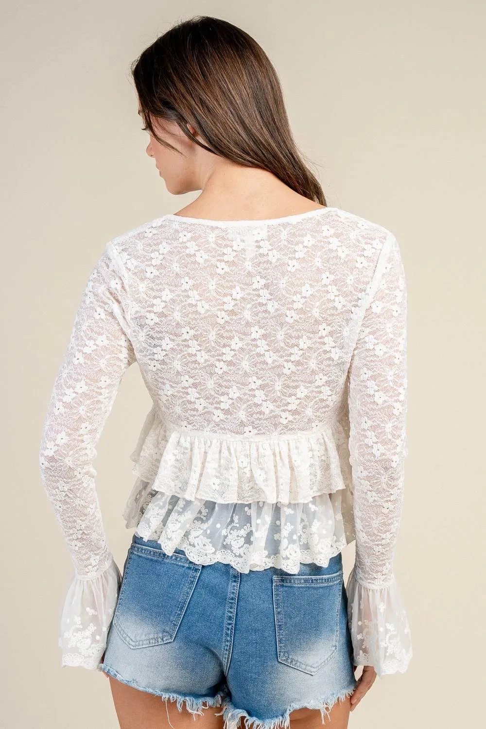 CT10608S / SHEER LACE TIE FRONT RUFFLED BLOUSE sold by privy product image thumbnail 3