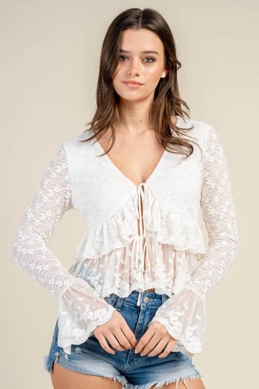 CT10608S / SHEER LACE TIE FRONT RUFFLED BLOUSE made by privy