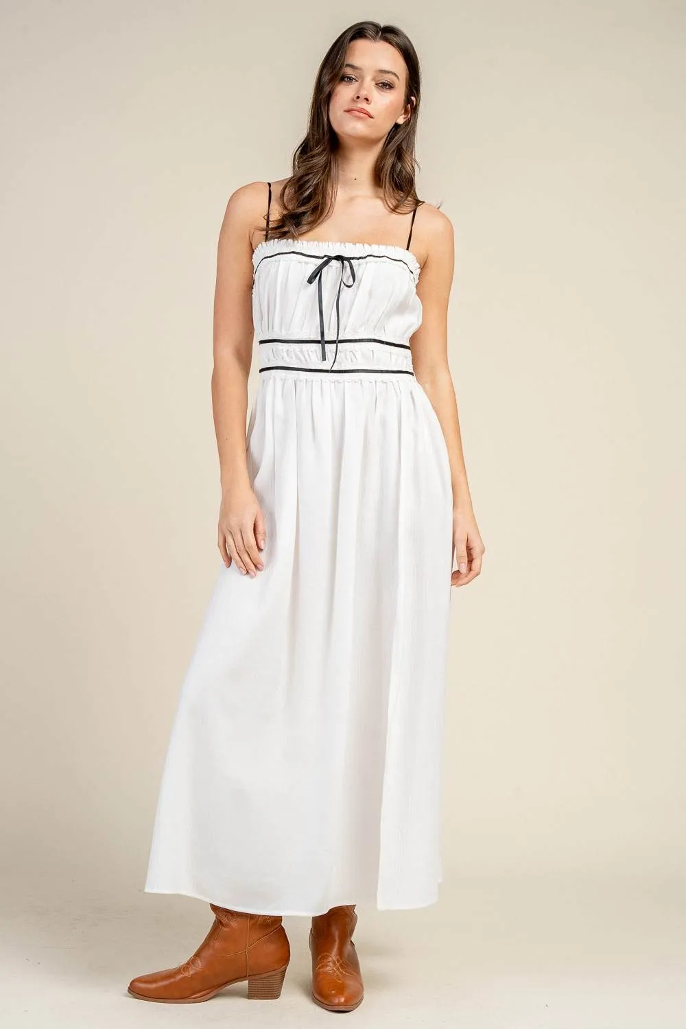 CDWS30368E / CONTRAST TRIM TIE FRONT CAMI MAXI DRESS WITH SIDE SLIT sold by privy