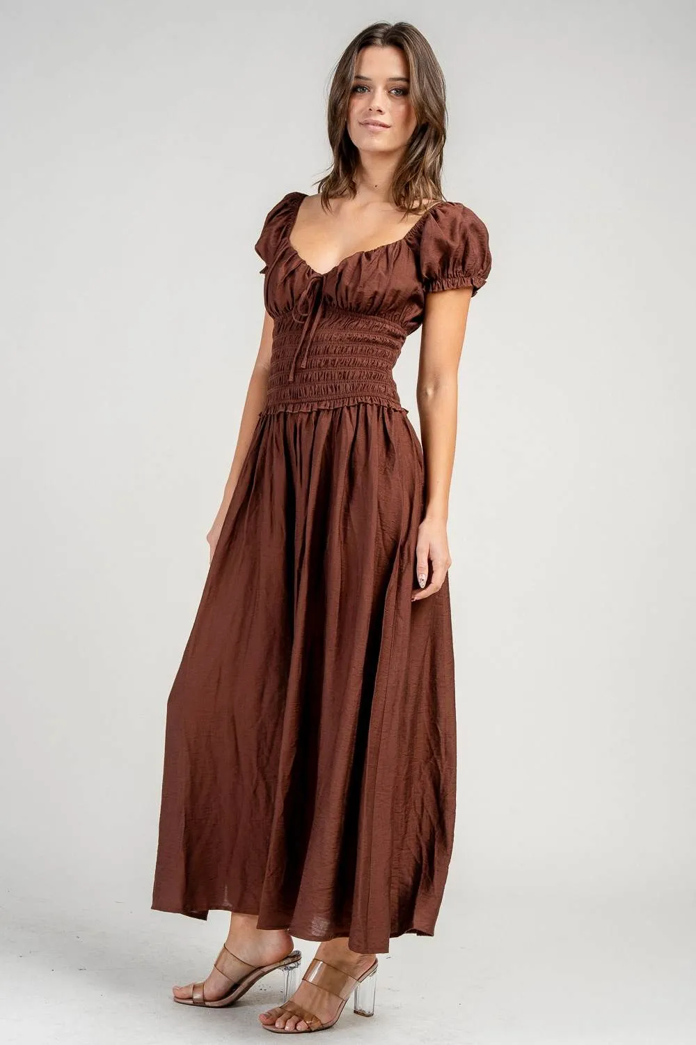 CD30852N / SMOCKED BODICE TIE FRONT PUFF SLEEVE MAXI DRESS sold by privy product image thumbnail 2