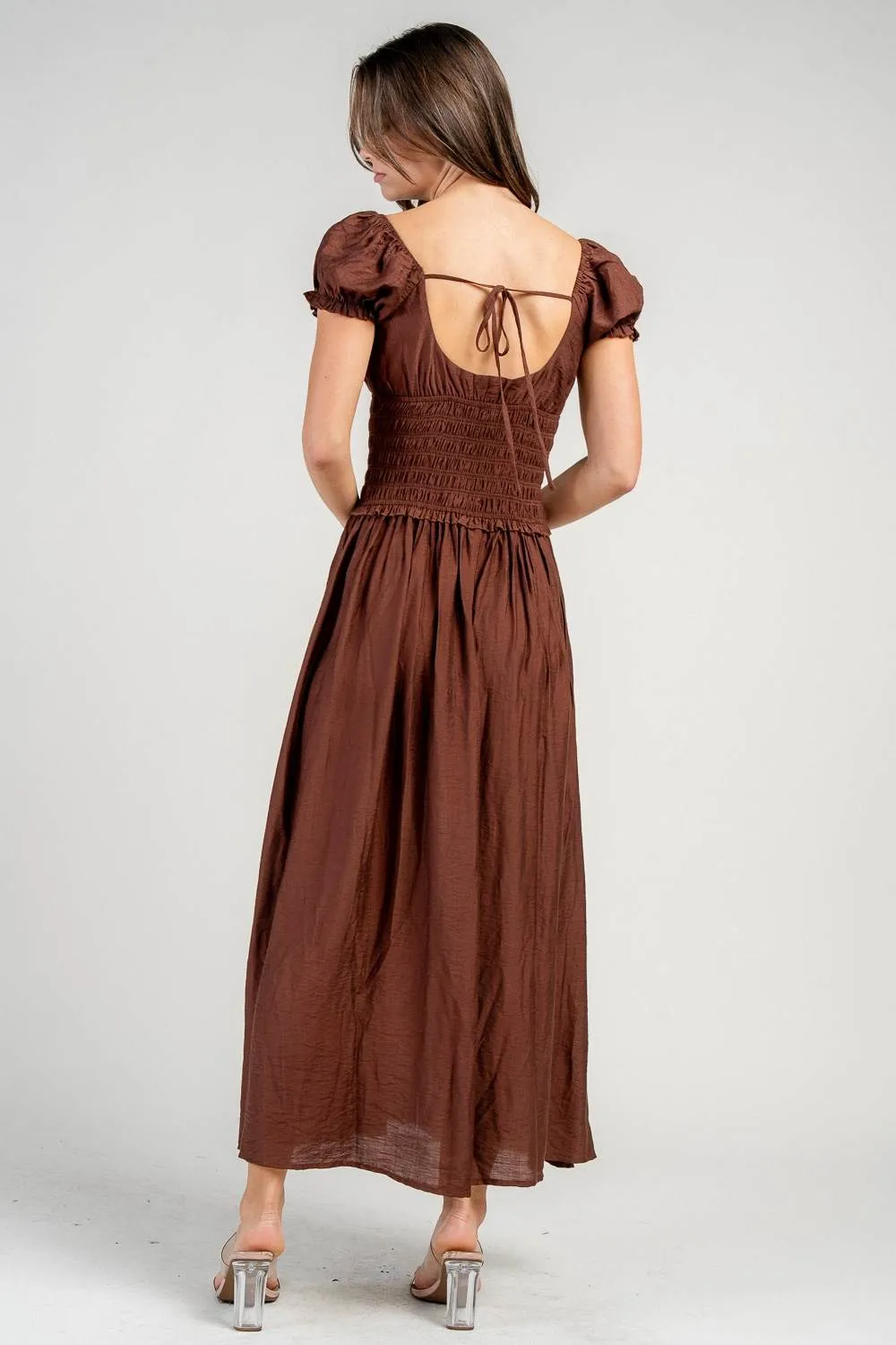 CD30852N / SMOCKED BODICE TIE FRONT PUFF SLEEVE MAXI DRESS sold by privy product image thumbnail 3